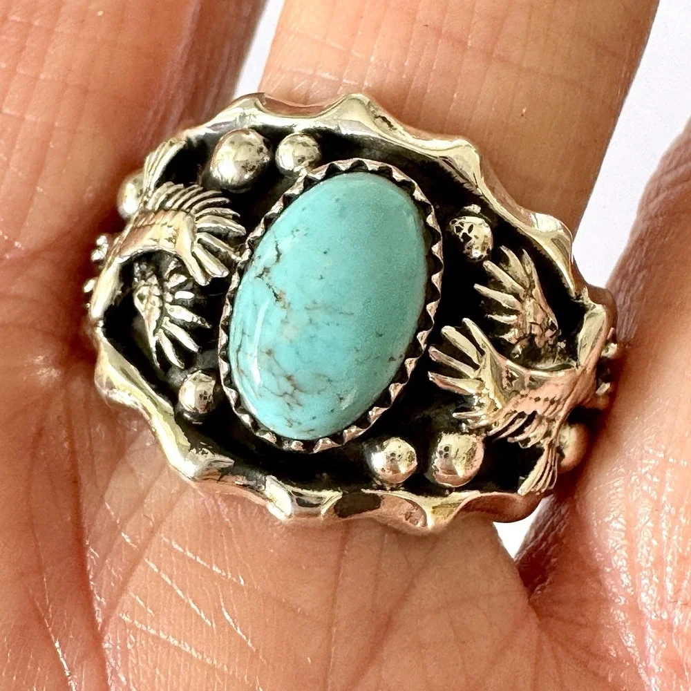 Navajo Eagle Mens Band Sz 13 Ring Turquoise Sterling Francisco Native American‎